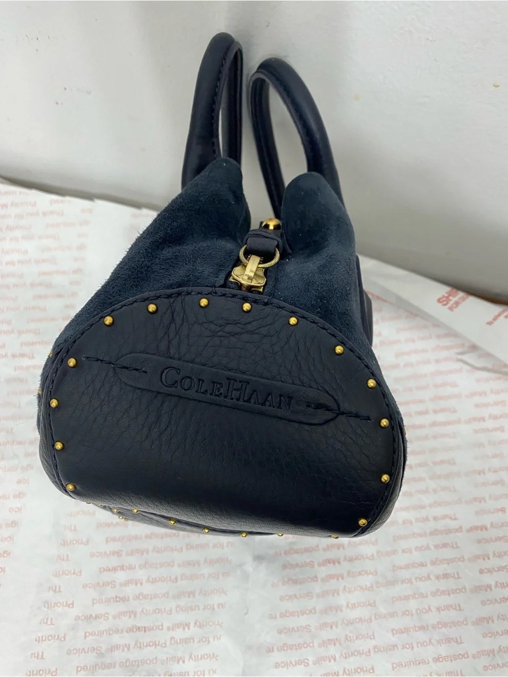 Cole Haan Suede and Leather Exterior Satchel Handbag with Gold Hardware. New